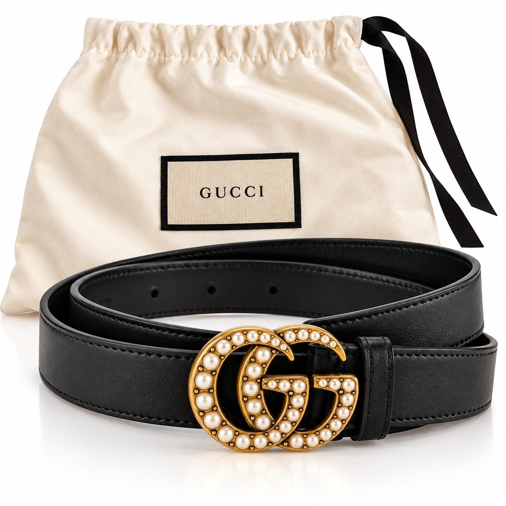 Authentic Gucci GG Marmont Pearl Embellishd Black Leather Belt Gold Buckle 90.36